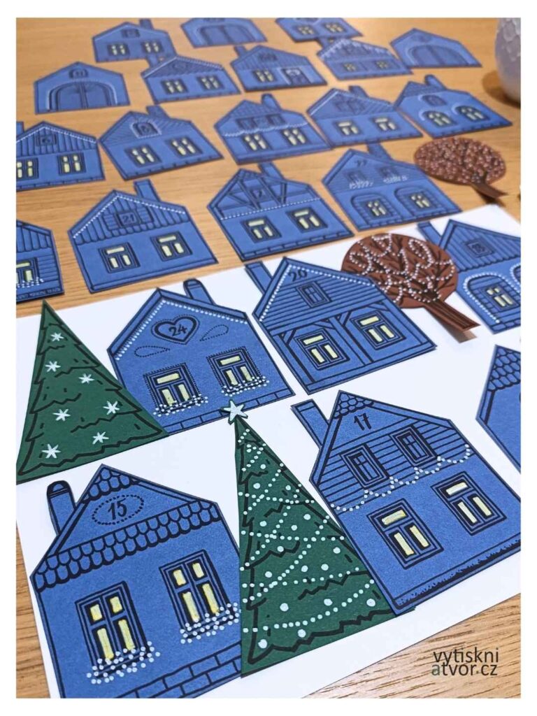 příprava adventních domečků pro ADVENT jako vystřižený - kombinace tmavých barev papíru